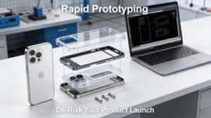 : An exploded view of a smartphone components and a CAD model on a laptop, illustrating the use of rapid prototyping (CNC, SLA) in de-risking product development.