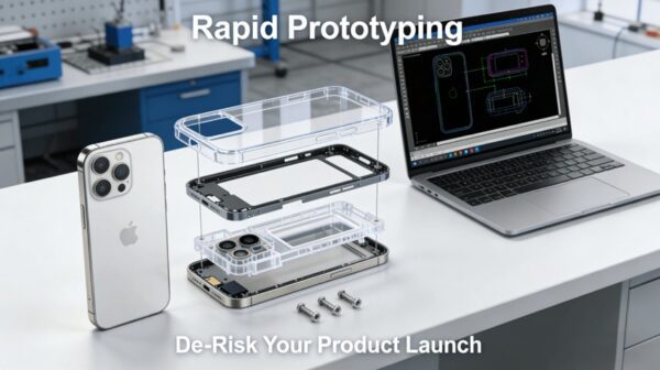 An exploded view of a smartphone components and a CAD model on a laptop, illustrating the use of rapid prototyping (CNC, SLA) in de-risking product development.